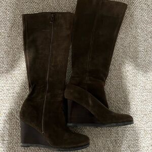 Elegant Brown Suede Knee-High Wedge Boots